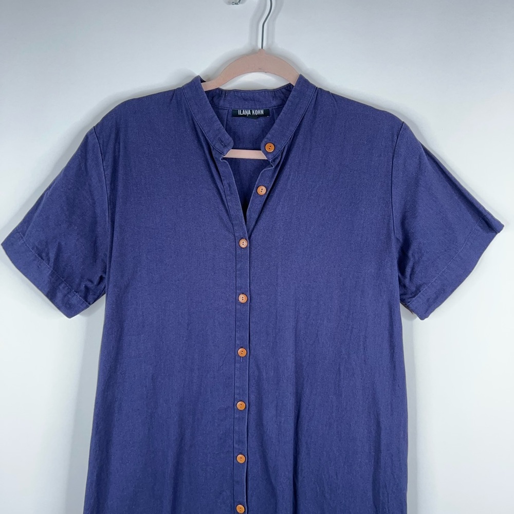 Ilana Kohn Gigi Maxi Dress Navy Blue Button Front Short Sleeve Cotton Minimal - Picture 2 of 14